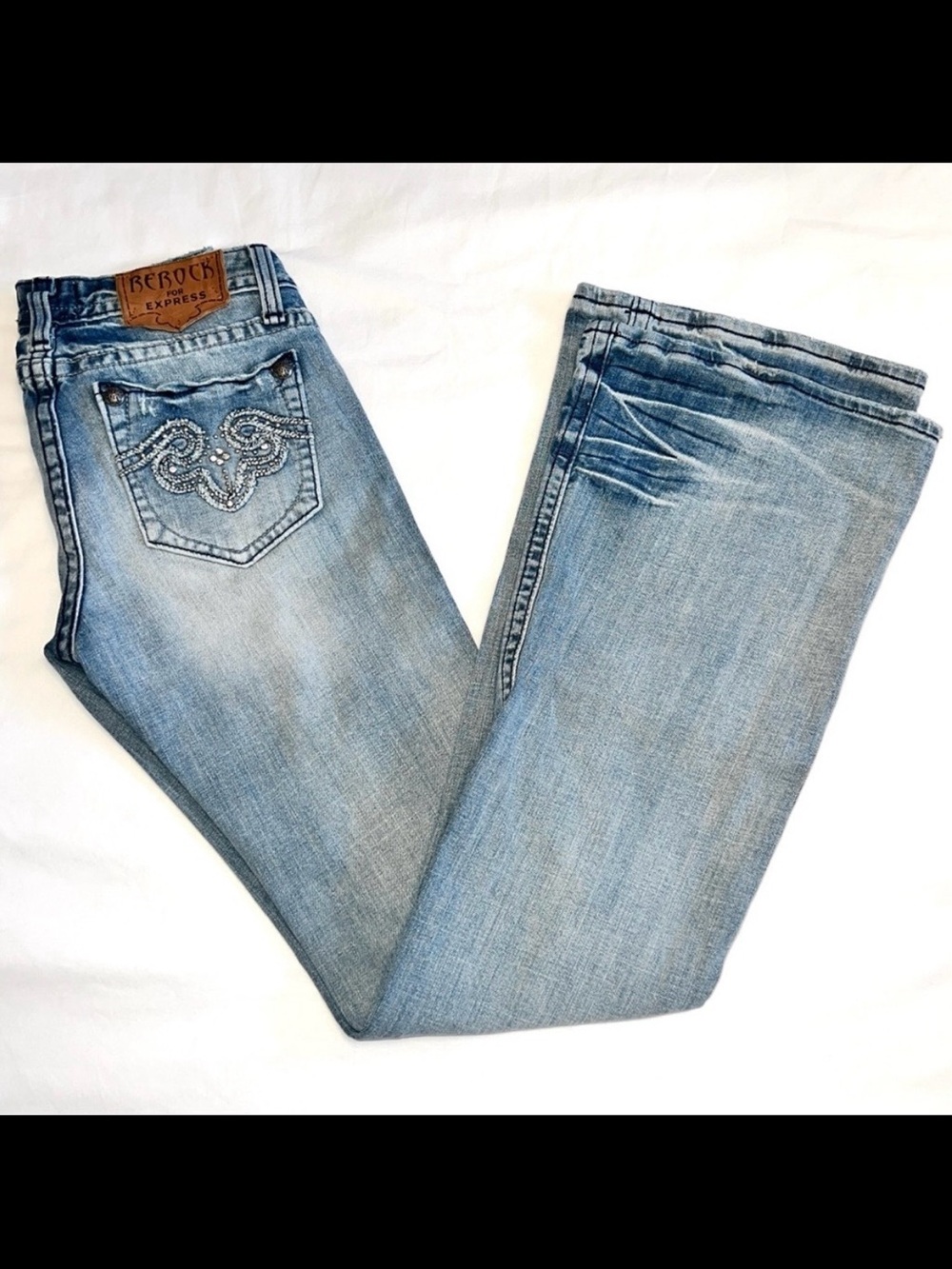 Y2K 2011 REROCK For Express Distressed Bling Flare Low Rise Jeans Size 0/25 Reg